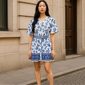 NWT Joie Puff Sleeve Belted Fit and Flare Floral Mini Dress White Blue Size 2